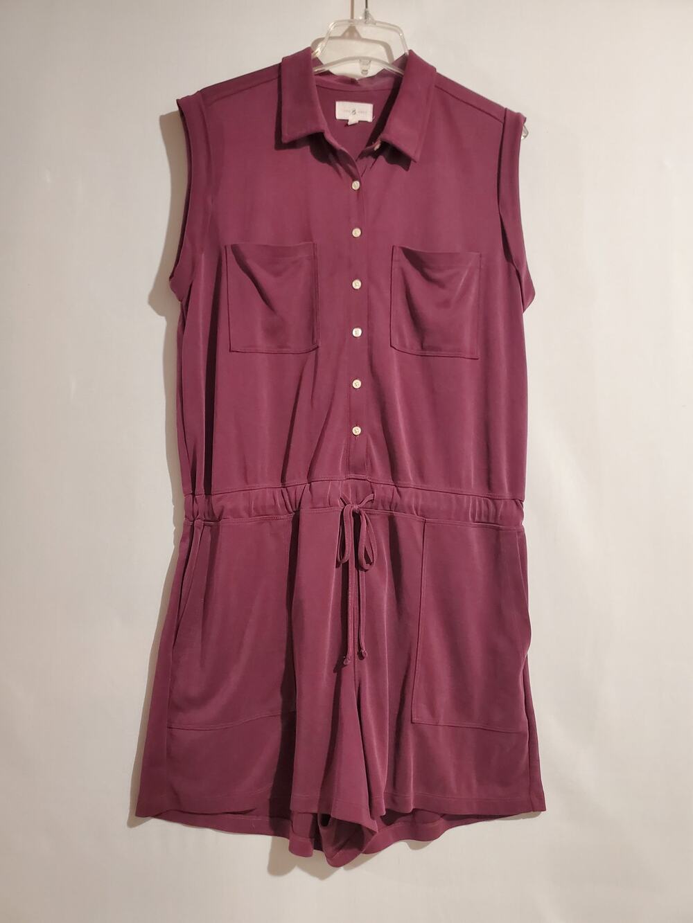Lou & Grey Soft Button Drawstring Romper Size L Utility Pockets Eggplant Purple